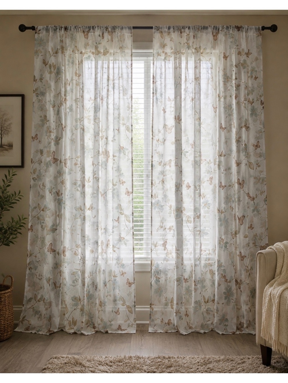 Vintage Floral Butterfly Sheer Curtain Panels